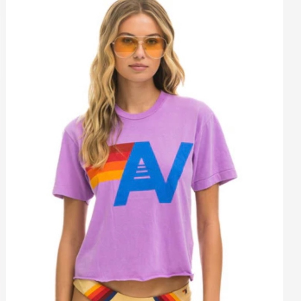 Aviator Nation Purple Tee with Rainbow Crop Neon Purple Small Logo Boyfriend Tee